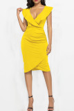 Yellow Fashion Sexy Solid Split Joint V Neck One Step Skirt Dresses