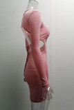 Pink Sexy Solid Hollowed Out Patchwork Backless Asymmetrical O Neck Pencil Skirt Dresses
