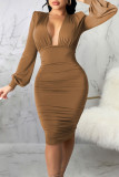 Leopard Print Sexy Solid Patchwork Fold V Neck One Step Skirt Dresses