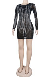 Black Sexy Hot Drilling Split Joint See-through O Neck Long Sleeve Dresses