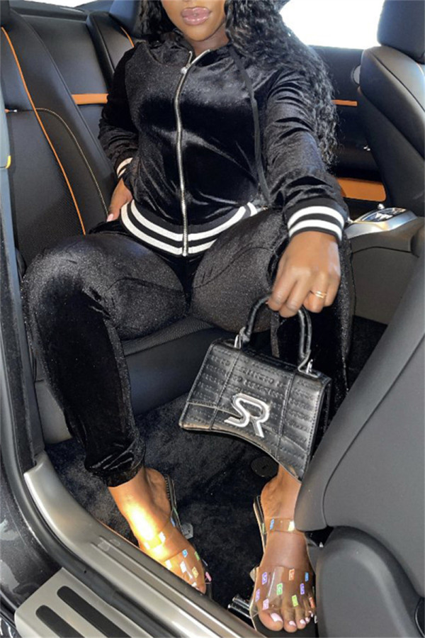 Black Fashion Casual Solid Patchwork Zipper Hooded Collar Long Sleeve Two Pieces