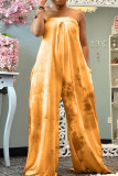 Yellow Casual Print Patchwork Strapless Loose Jumpsuits