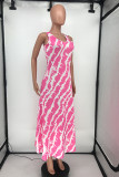 Rose pink Sexy Tank Sleeveless O neck Swagger Ankle-Length Print Dresses