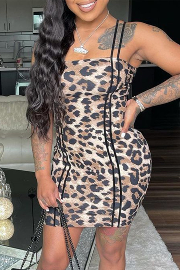 Leopard Print Fashion Sexy Print Leopard Backless Spaghetti Strap Sleeveless Dress