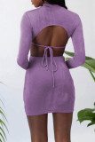 Pink Sexy Solid Hollowed Out Patchwork Backless Asymmetrical O Neck Pencil Skirt Dresses
