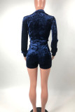 Blue Sexy Solid Patchwork With Belt V Neck Regular Rompers