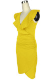 Yellow Fashion Sexy Solid Patchwork V Neck One Step Skirt Dresses