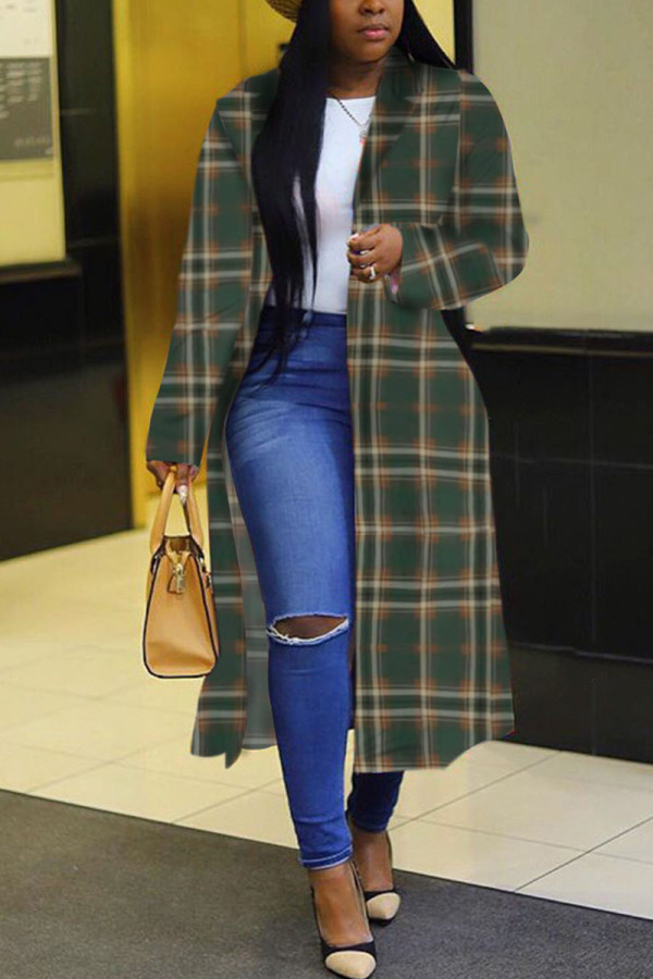 Green Street Plaid Turndown Collar Outerwear