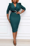 Green Fashion Casual Solid With Belt V Neck Dresses