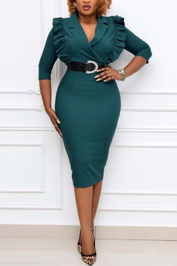 Green Fashion Casual Solid With Belt V Neck Dresses