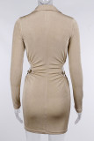 Apricot Sexy Solid Hollowed Out Patchwork Buckle Turndown Collar One Step Skirt Dresses
