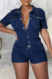 Blue Street Solid Patchwork Turndown Collar Skinny Rompers