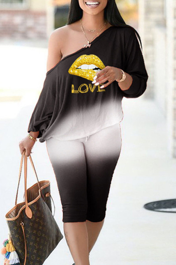 Black Casual Gradual Change Print Patchwork Off the Shoulder Long Sleeve Two Pieces