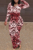 Red Sexy Print Patchwork O Neck One Step Skirt Dresses