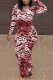 Red Sexy Print Patchwork O Neck One Step Skirt Dresses