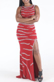 Red Fashion Sexy Patchwork Hot Drilling Slit O Neck Sleeveless Two Pieces
