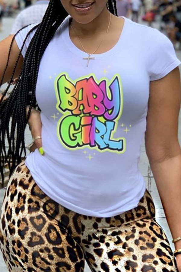 White Fashion Casual Letter Print Basic O Neck Tops