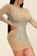 Apricot Sexy Hot Drilling Split Joint See-through O Neck Long Sleeve Dresses