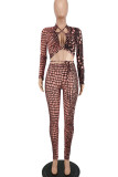 Brown Red Sexy Print Hollowed Out Patchwork Frenulum Asymmetrical Asymmetrical Collar Long Sleeve Two Pieces