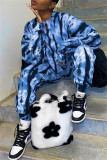 Blue Fashion Casual Print Basic O Neck Long Sleeve Two Pieces