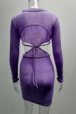 Pink Sexy Solid Hollowed Out Patchwork Backless Asymmetrical O Neck Pencil Skirt Dresses