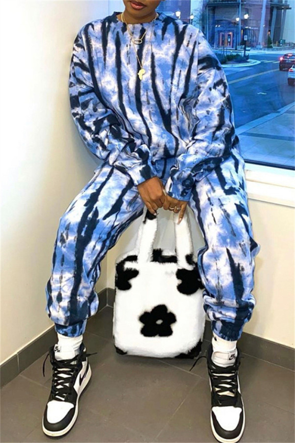 Blue Fashion Casual Print Basic O Neck Long Sleeve Two Pieces
