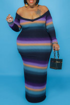 Blue Sexy Print Split Joint V Neck Pencil Skirt Plus Size Dresses