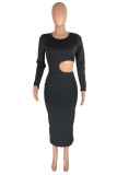 Black Sexy Casual Solid Hollowed Out O Neck Long Sleeve Dresses