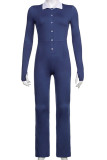 Blue Casual Solid Patchwork Buttons Turndown Collar Regular Jumpsuits
