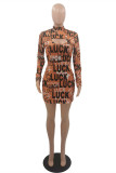 Brown Fashion Sexy Letter Print Hollowed Out Turtleneck Long Sleeve Dresses