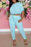 Light Blue Fashion Casual Solid Bandage O Neck Short Sleeve Two Pieces