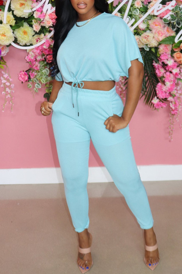 Light Blue Fashion Casual Solid Bandage O Neck Short Sleeve Two Pieces