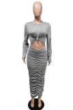 Grey Fashion Casual Solid Fold O Neck One Step Skirt Dresses
