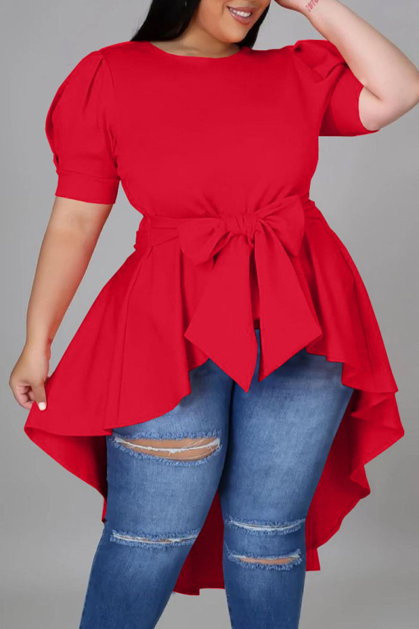 Red Casual Solid Bandage Patchwork Asymmetrical O Neck Irregular Dress Dresses