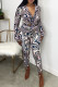 Deep Blue Fashion Casual Print Basic Turndown Collar Long Sleeve Two Pieces