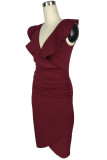 Rose Red Fashion Sexy Solid Split Joint V Neck One Step Skirt Dresses