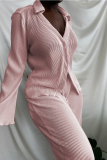 Pink Casual Solid Split Joint Turndown Collar Long Sleeve Two Pieces