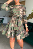 Blue Casual Print Camouflage Print Patchwork Flounce Fold O Neck A Line Dresses