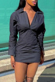 Black Casual Solid Patchwork Turndown Collar Straight Dresses
