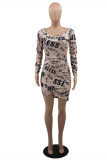 Multicolor Fashion Sexy Letter Print Hollowed Out V Neck Long Sleeve Dresses