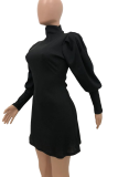 Red Casual Solid Patchwork Half A Turtleneck Cake Skirt Dresses