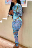 Blue Casual Print Patchwork Buckle Turndown Collar Long Sleeve Two Pieces(Without Belt)