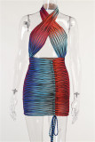 Colour Fashion Sexy Print Hollowed Out Backless Halter Sleeveless Dress