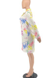 White Casual Print Patchwork Buckle Turndown Collar Shirt Dress Dresses