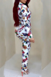 White Casual Print Split Joint Turndown Collar Long Sleeve Two Pieces