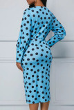 Sky Blue Elegant Print Polka Dot Split Joint V Neck One Step Skirt Dresses