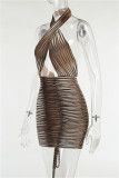 Brown Fashion Sexy Print Hollowed Out Backless Halter Sleeveless Dress