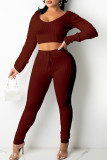 Red Casual Solid Patchwork V Neck Long Sleeve Two Pieces