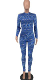 Blue Sexy Print Patchwork O Neck Long Sleeve Two Pieces
