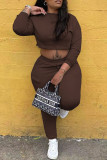 Coffee Fashion Sportswear Solid Patchwork O Neck Long Sleeve Two Pieces